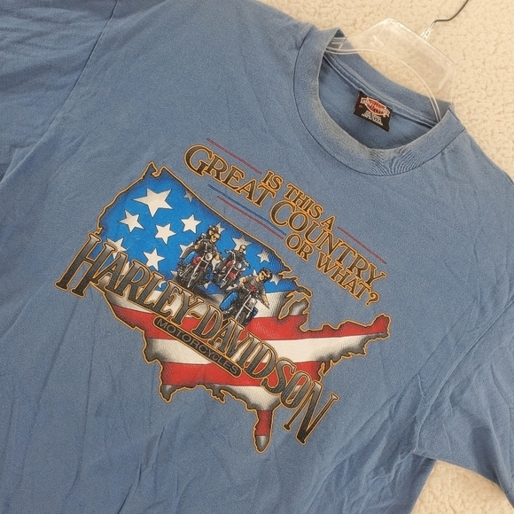Vtg Harley Davidson Blue T-Shirt Single Stitch Men XL USA Flag Burt’s Cycle Cntr - Picture 6 of 16